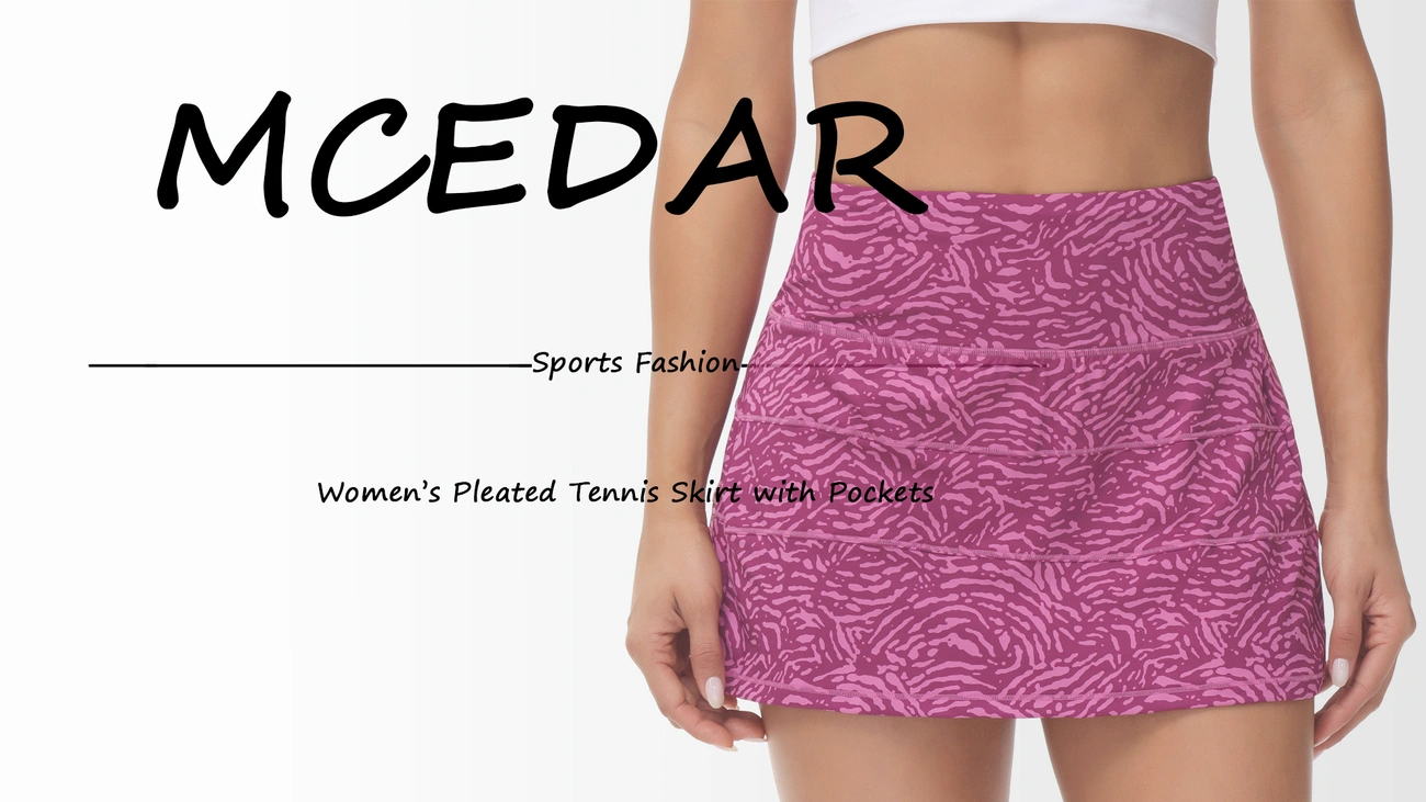 A promotional image for the MCEDAR women's pleated tennis skirt with pockets, showing a woman wearing the pink patterned skort.