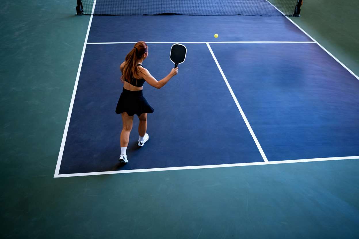 A female player demonstrates proper court positioning for a pickleball backhand dink at the non-volley zone line. 