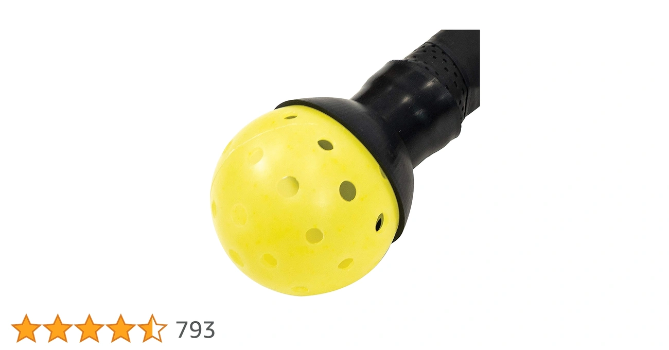 A close-up of a pickleball ball retriever tool, featuring a yellow, perforated cup attached to a black handle, isolated on a white background.