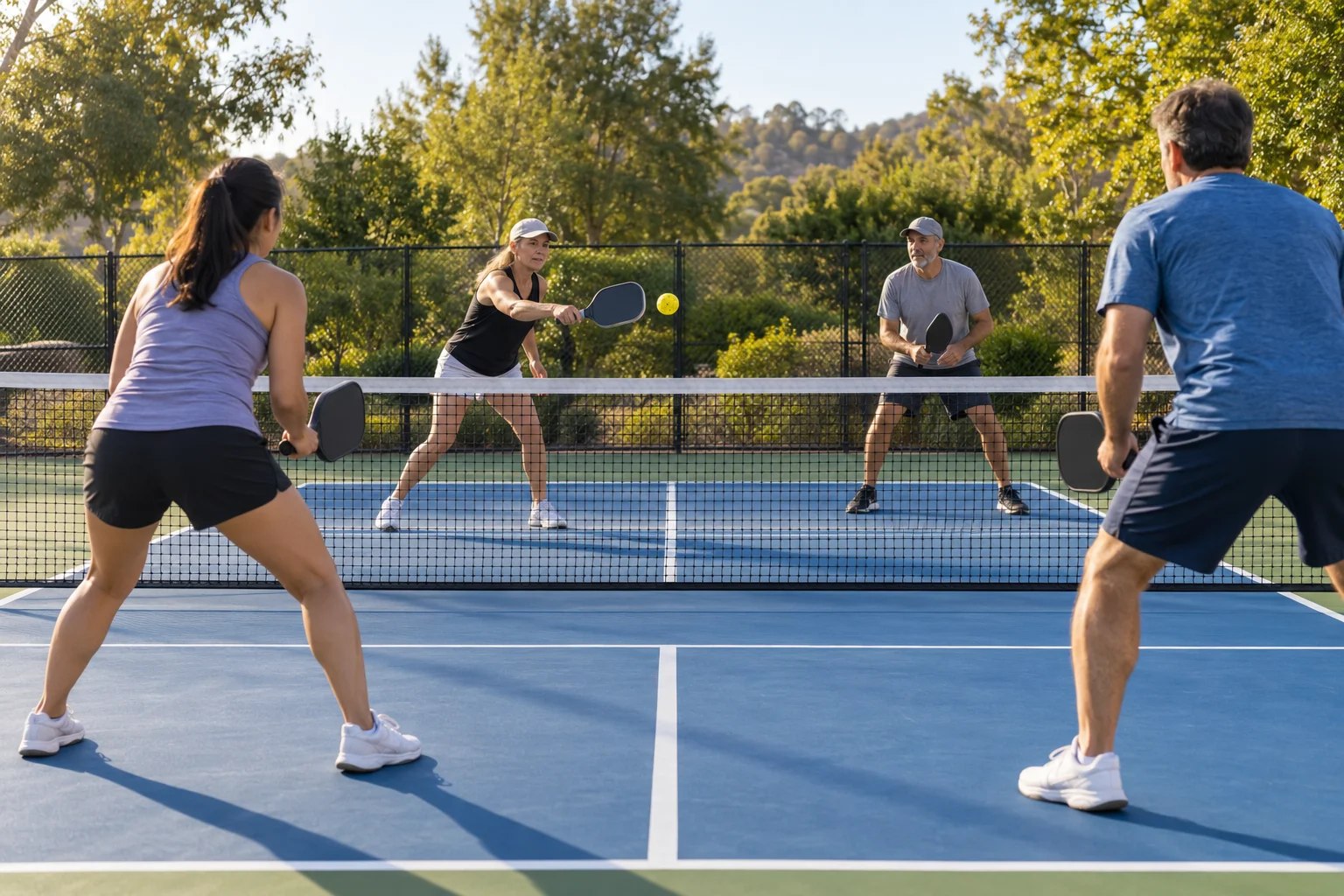 Four recreational players share an outdoor doubles pickleball court.