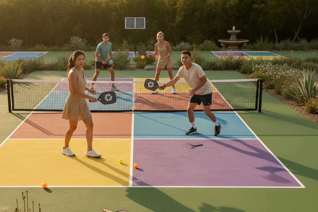 Four young adults playing a pickleball doubles match at sunset on a distinctive, multi-colored court with yellow, blue, and purple sections.
