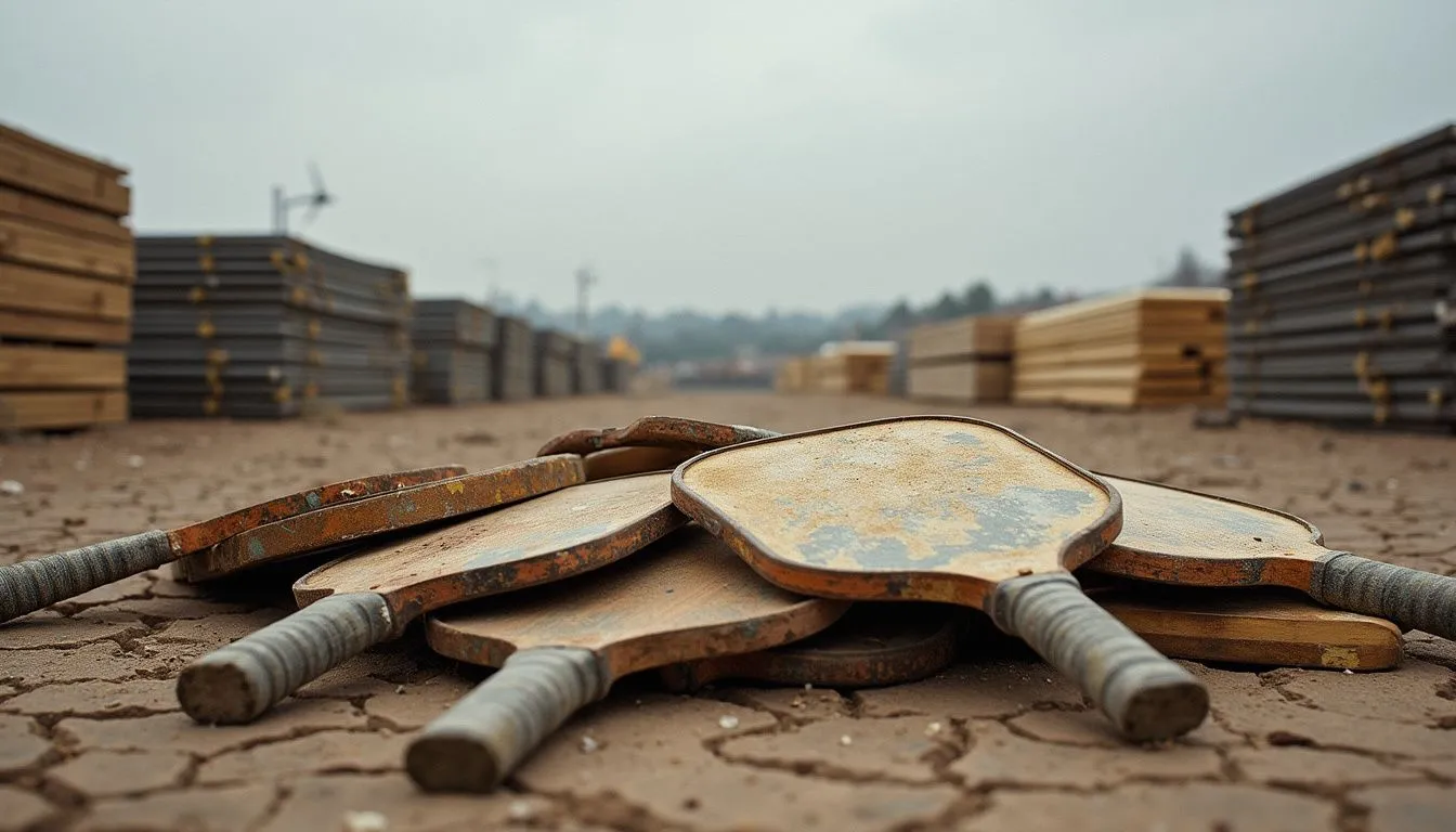 A conceptual image showing a pile of old, weathered pickleball paddles discarded on cracked, dry earth in an industrial yard, symbolizing sports equipment waste.