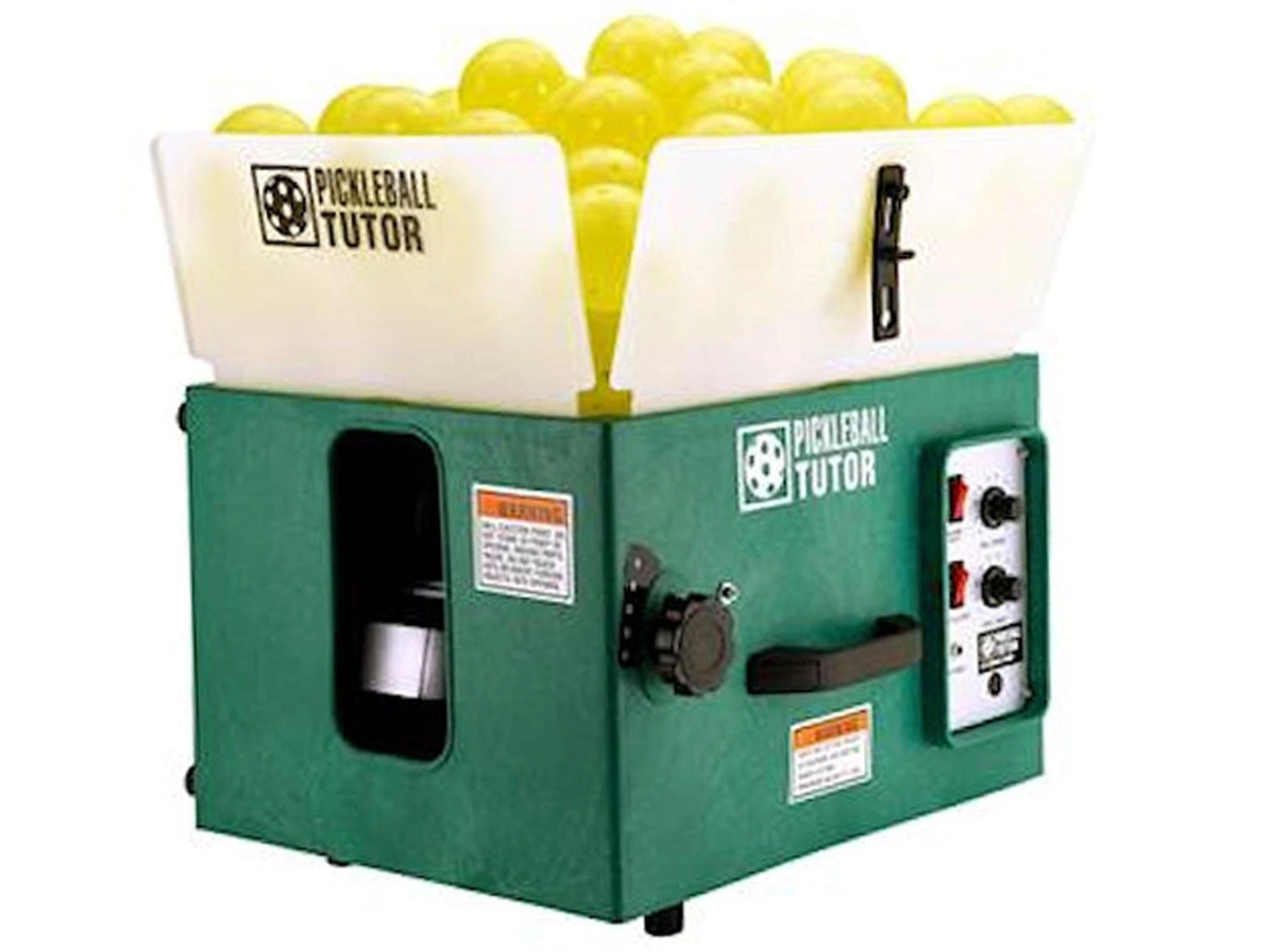 The green Pickleball Tutor ball machine, with its hopper full of yellow pickleballs, isolated against a white background.