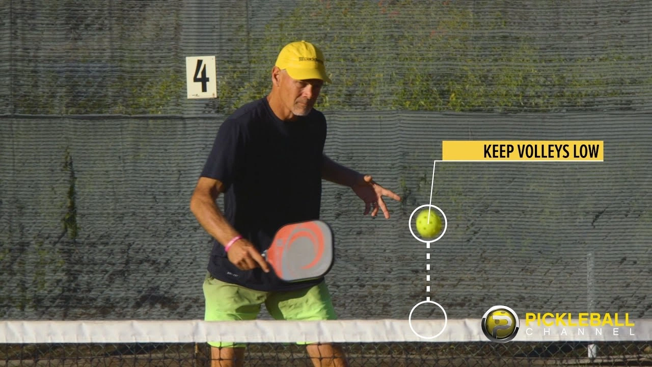 A pickleball instructional graphic from the Pickleball Channel showing a player at the net, demonstrating the tip to 'KEEP VOLLEYS LOW'.