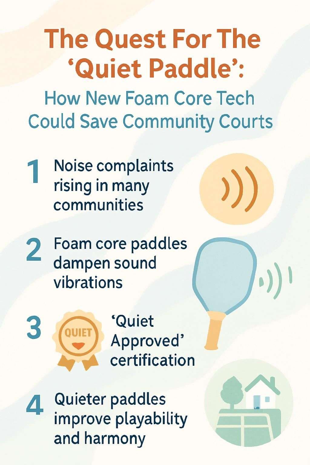 Infographic explaining how quiet pickleball paddles with foam core technology help reduce noise complaints and save community courts. 