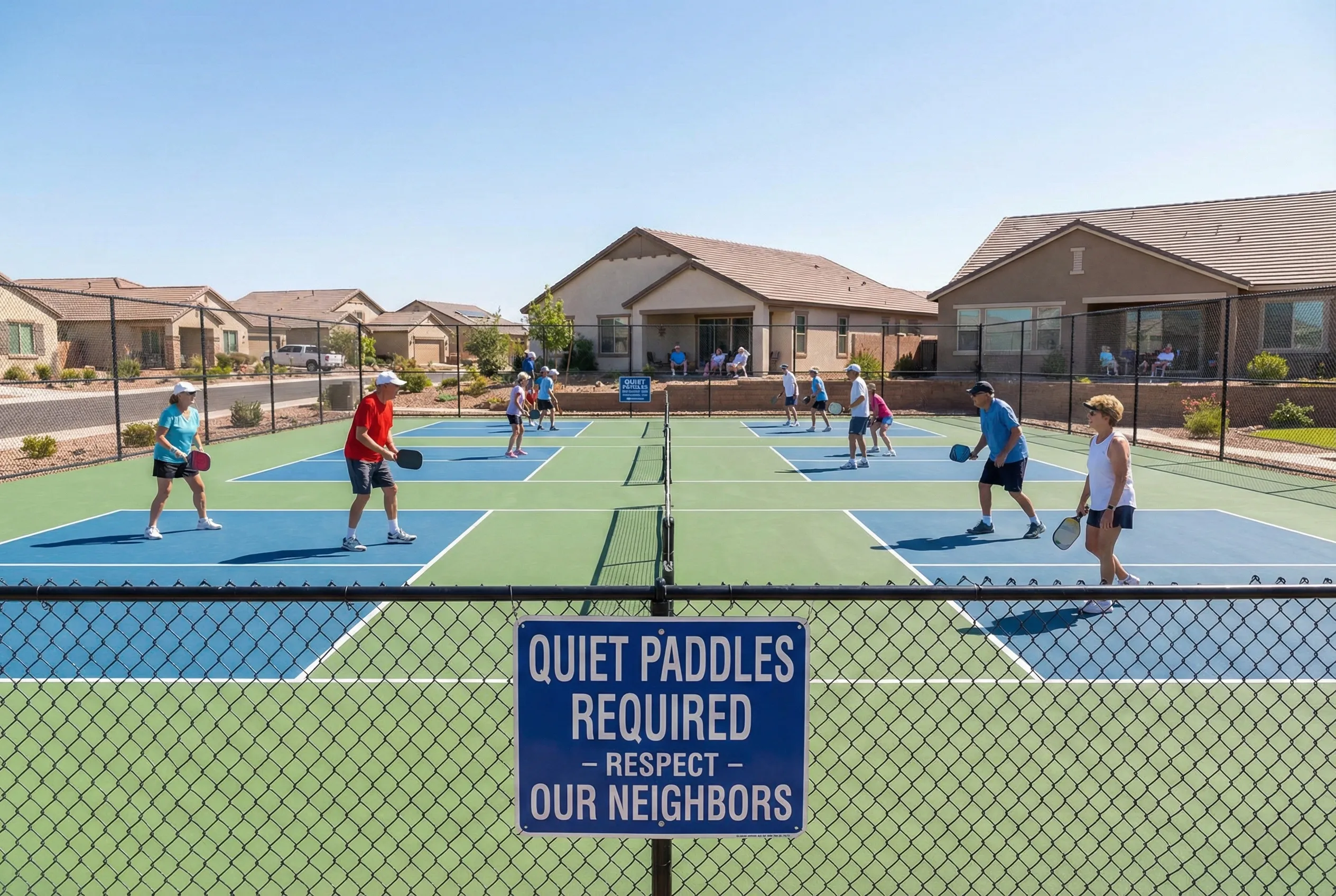A blue sign attached to a fence reading 'QUIET PADDLES REQUIRED - RESPECT OUR NEIGHBORS' in front of busy residential pickleball courts surrounded by homes.
