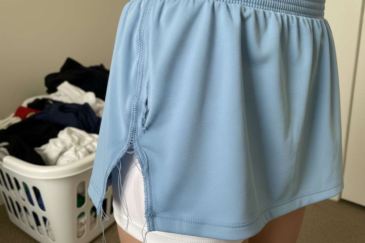 A close-up of a light blue athletic skort with a ripped seam on the side vent, showing loose threads and the white built-in shorts.