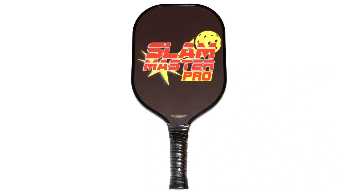 A Slam Master Pro pickleball paddle with a red and yellow logo, shown isolated on a white background.