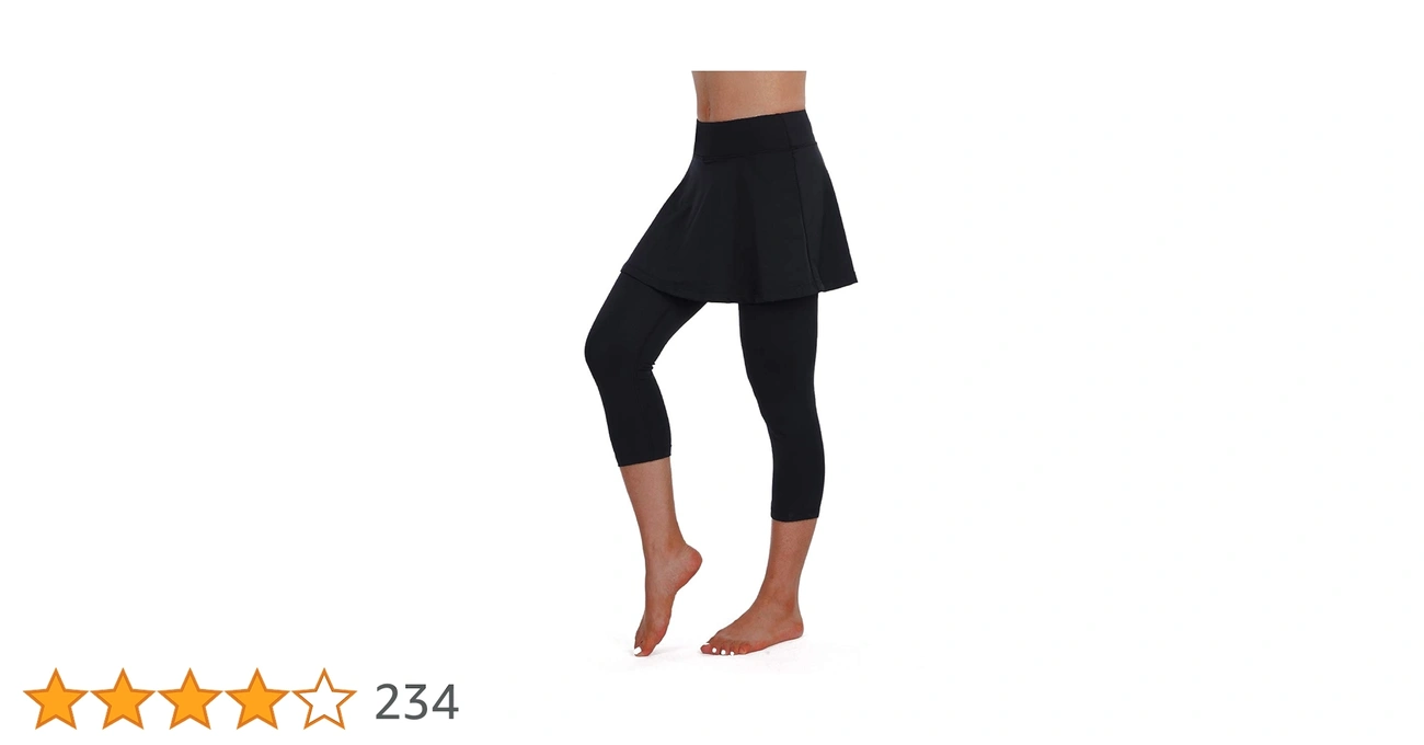 A woman modeling a pair of black athletic skirted capri leggings (skapri) against an isolated white background.