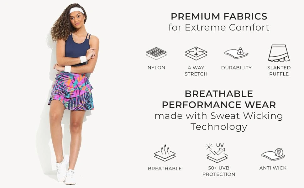A woman modeling a colorful ruffled pickleball skort, with graphics highlighting its premium, breathable performance wear features like 4-way stretch and 50+ UVB protection.