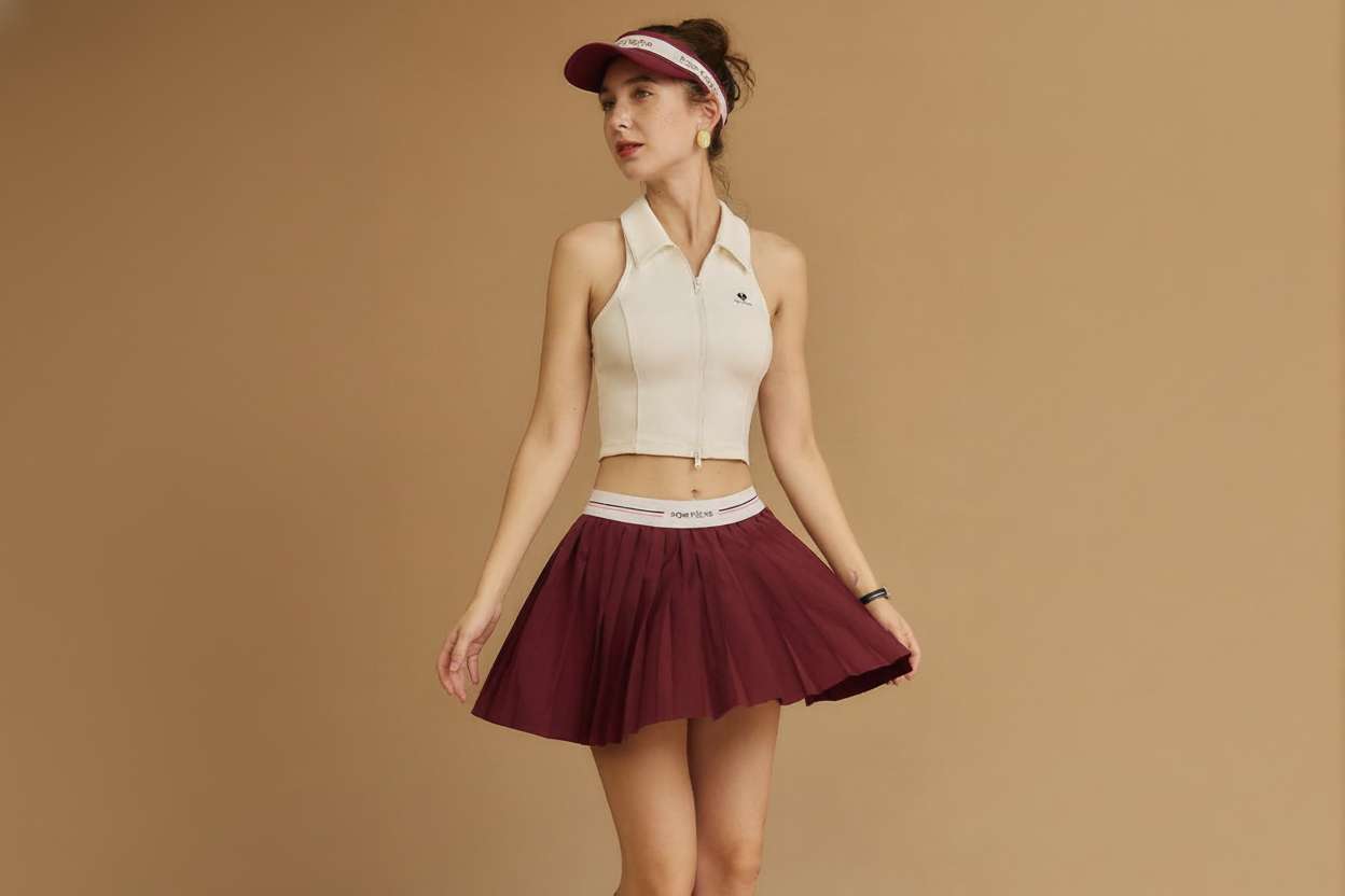 A woman models a pickleball outfit consisting of a maroon pleated skirt, a white sleeveless zip top, and a matching red visor.