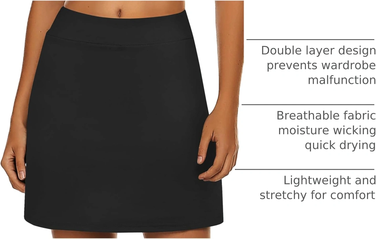 A woman wearing a black pickleball skort with callouts highlighting its features, including a double-layer design, breathable fabric, and lightweight stretch.