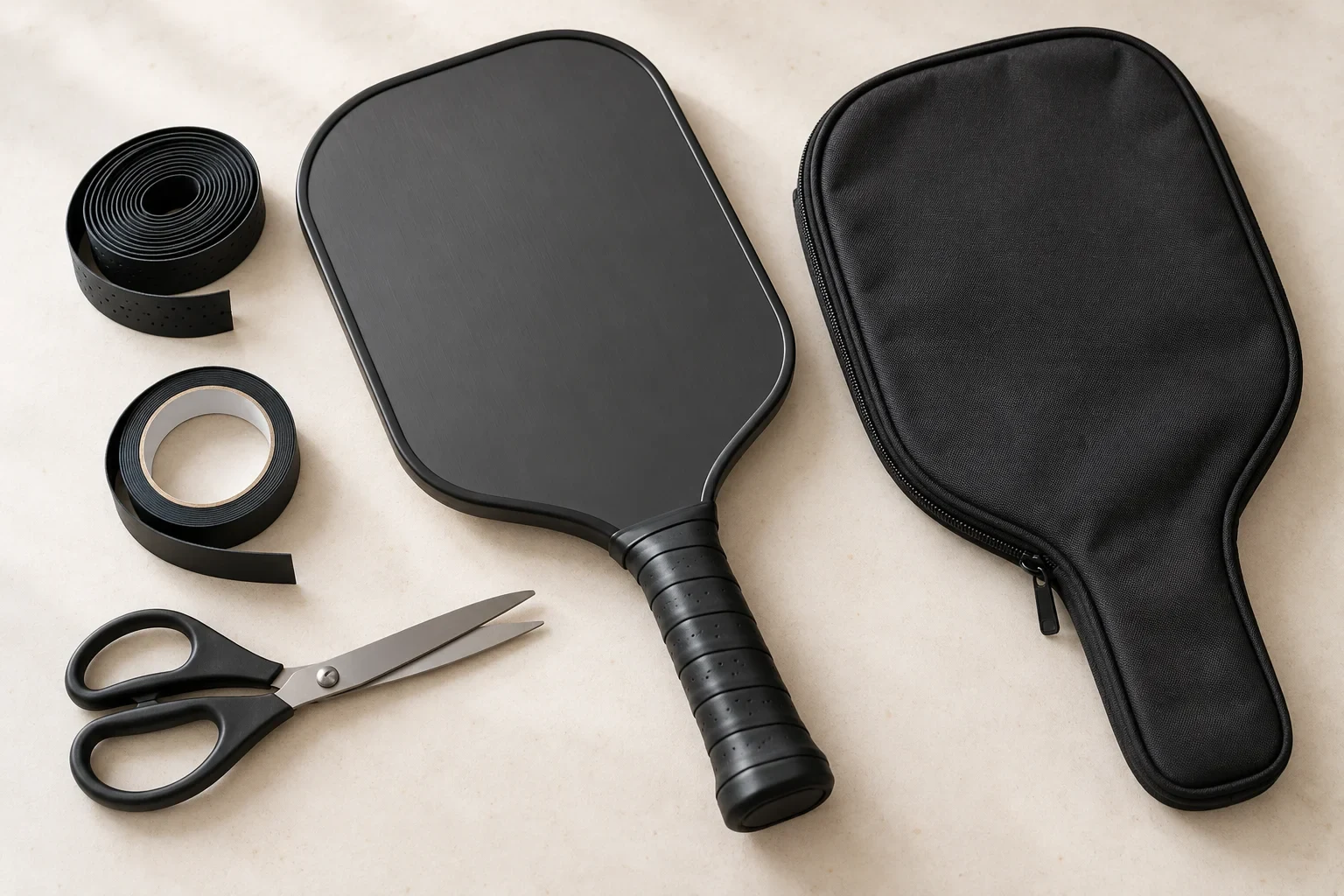 An unbranded paddle, overgrip, edge tape, scissors and a paddle cover lie on a worktable.