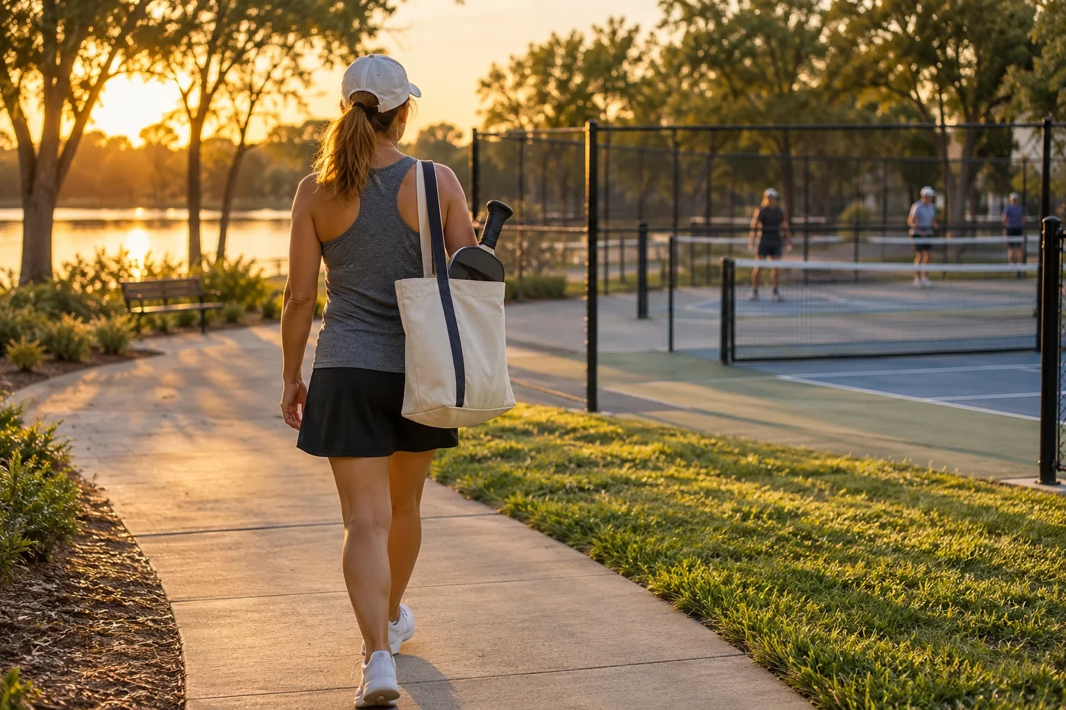 A recreational player carries a canvas gear tote beside an outdoor court.