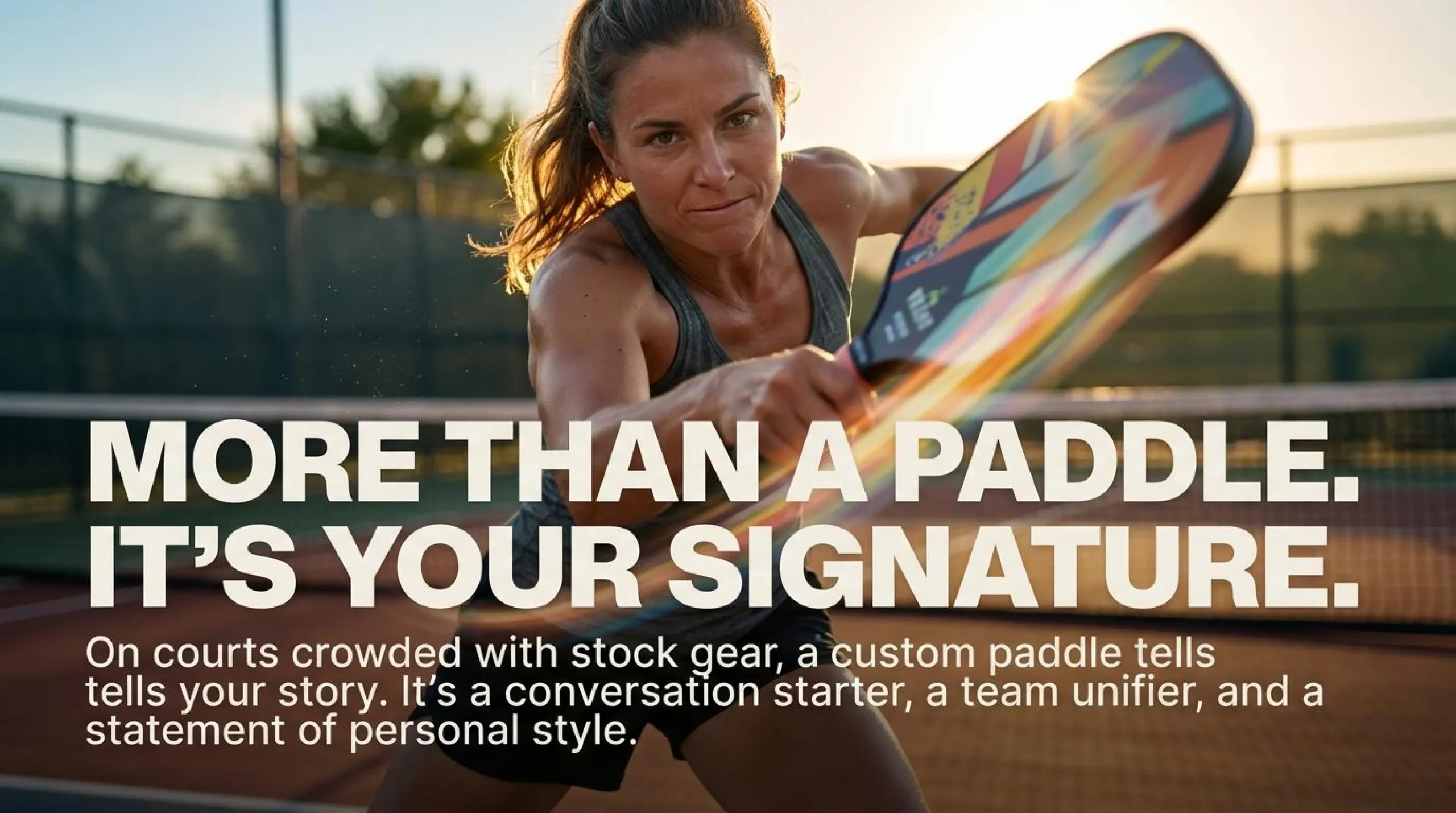 Female player swinging a vibrant custom paddle with text describing personalized gear as a signature style statement and conversation starter.