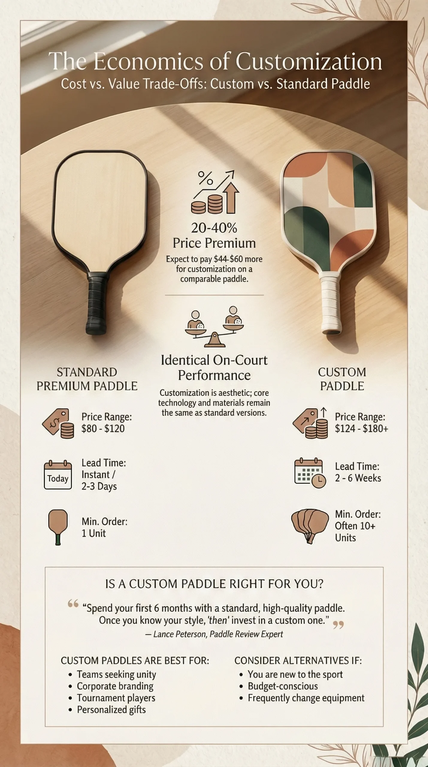 An infographic titled 'The Economics of Customization' comparing the cost and value of standard premium pickleball paddles versus custom paddles, highlighting price premiums and identical performance.