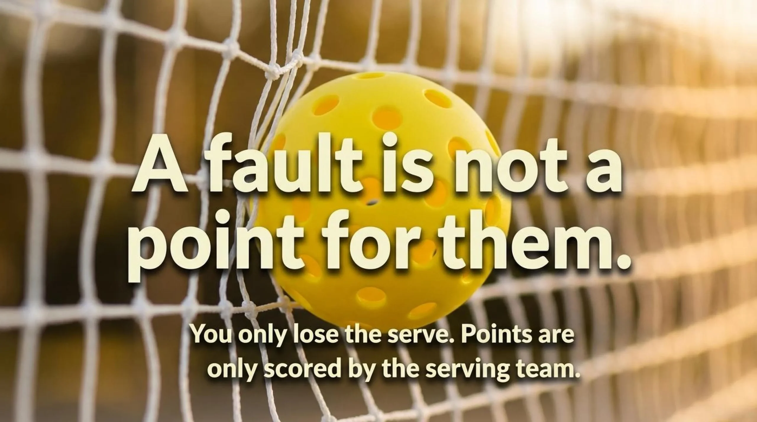 A visual guide on how to keep score in pickleball clarifying that a fault results in a loss of serve, not a point for the opponent.