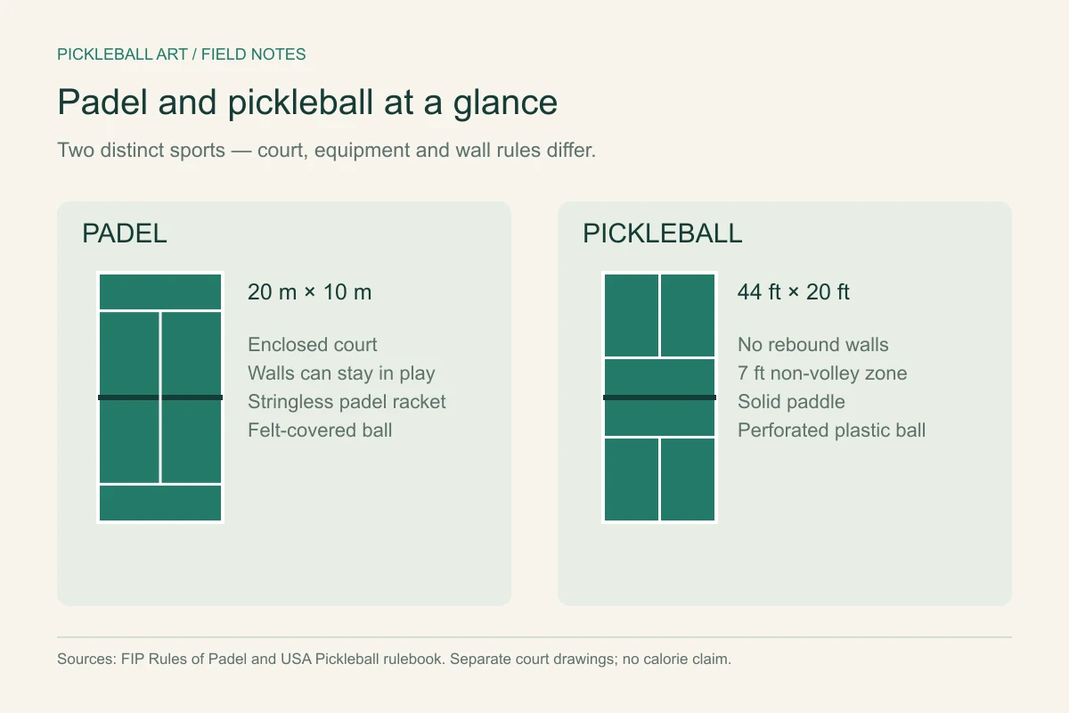 Padel and pickleball court sizes, equipment and wall-play rules appear side by side.