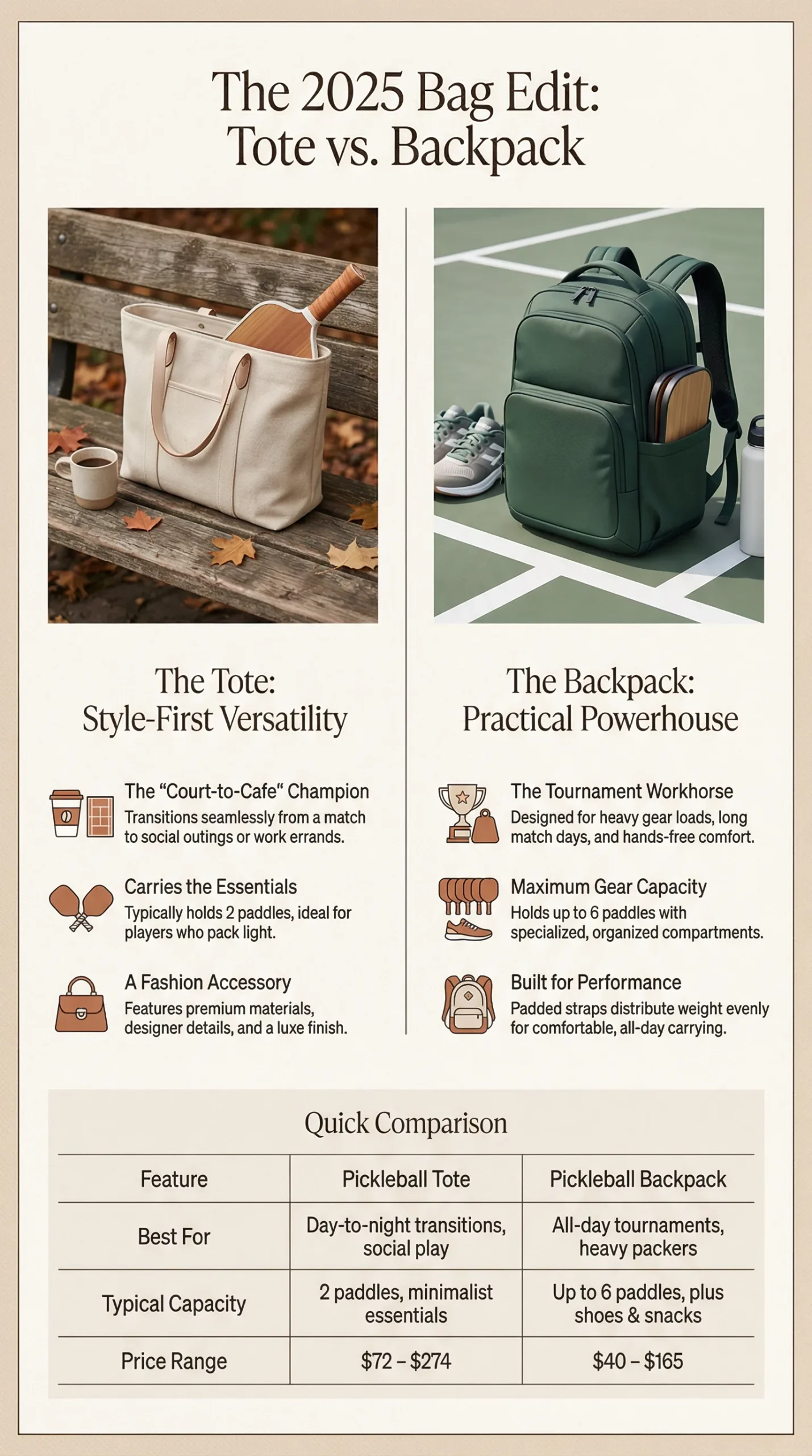 Infographic comparing the features of a pickleball tote versus a backpack, highlighting differences in capacity, style, and price for players.
