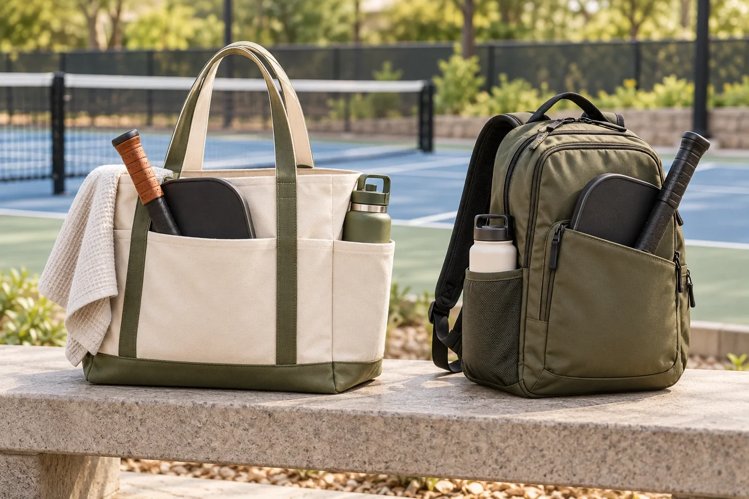 A canvas gear tote and a compact sports backpack sit side by side beside a court.