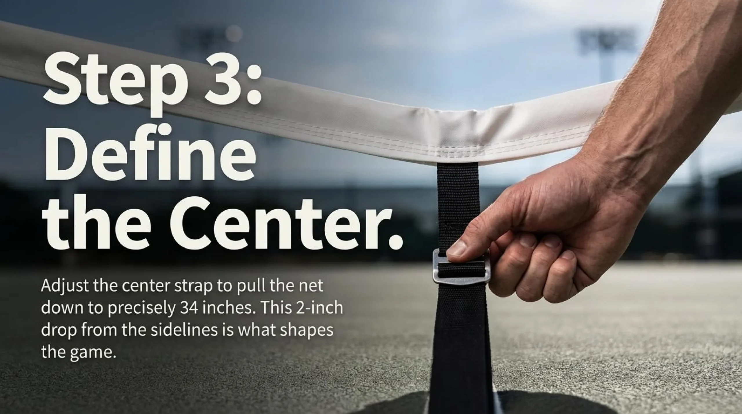 llustration demonstrating pickleball rules for adjusting the center strap to exactly 34 inches height.
