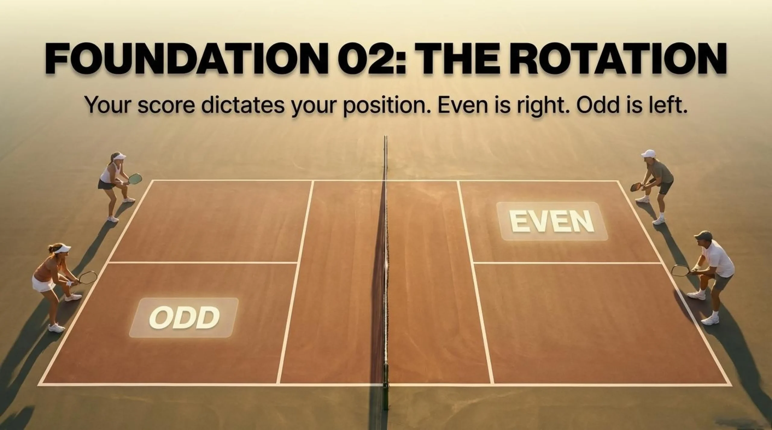 A diagram illustrating pickleball serving rules with players positioned in the Even and Odd courts based on the score.