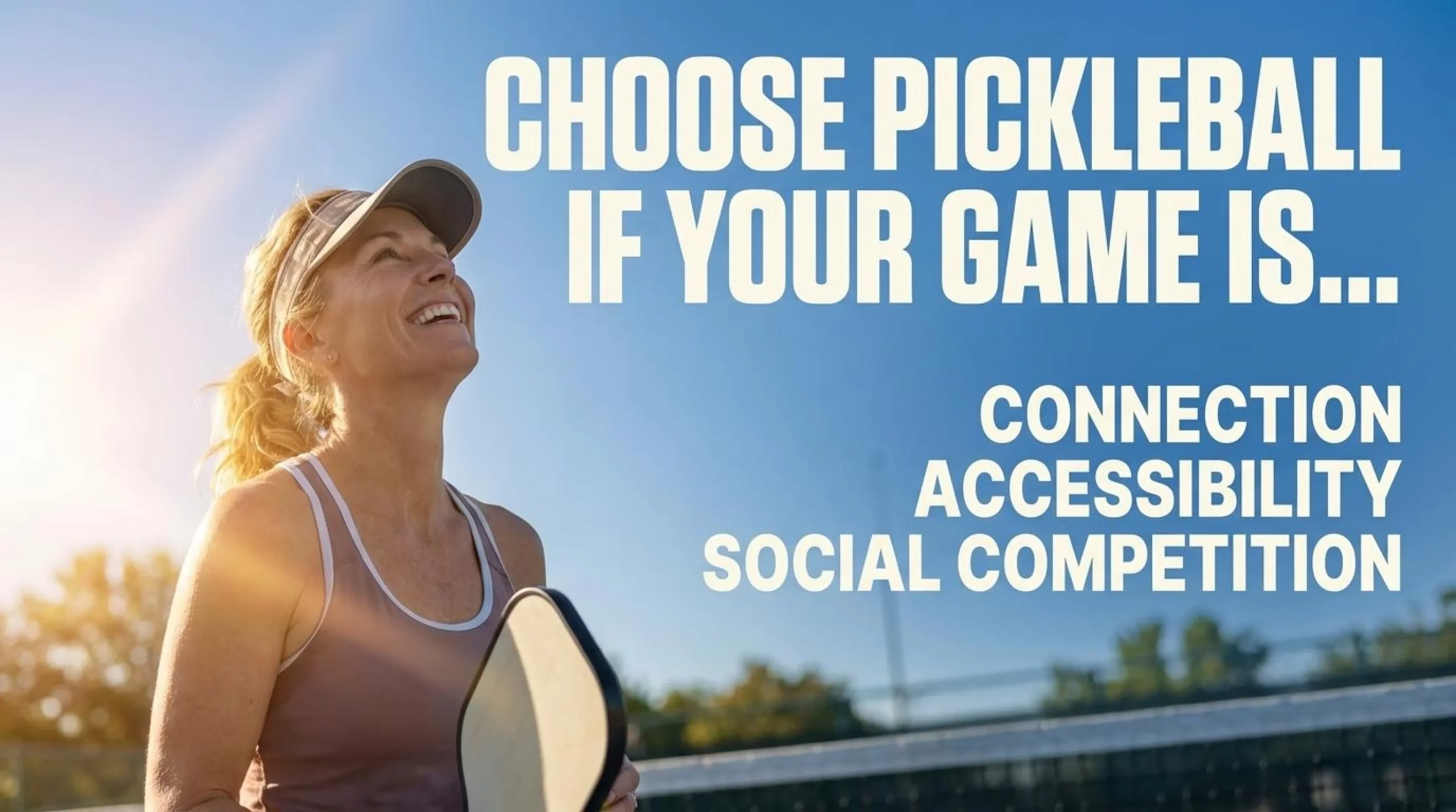 Smiling female player looking up with text overlay listing the key benefits of playing pickleball: connection, accessibility, and social competition.